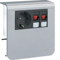 Держатель устройств c розеткой Schuko (L+N+PE) 16A 250A AC и для громкоговорителей (4 проводника до 6мм2;), для профиля 20х80 мм, без доп. накладки, PC/ABS безгалоген., цвет алюминий . Hager SL