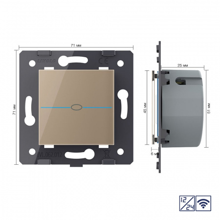 Одноклавишный сенсорный выключатель Livolo Quadro 12/24В с функцией радиоуправления, цвет золотой (механизм)