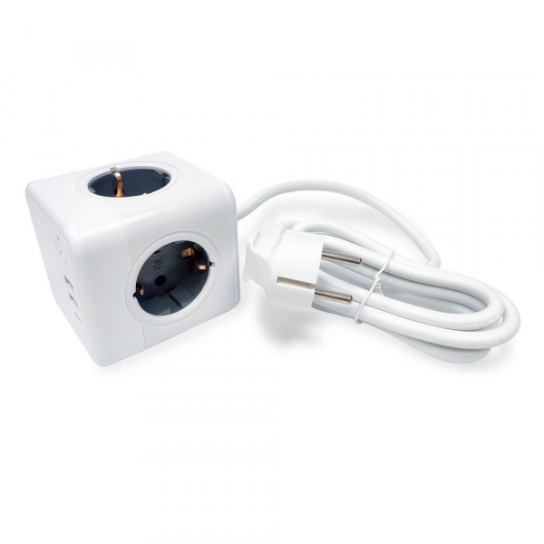 Удлинитель Cube Extended 4 Euro 16A, 3 USB 2A+C с блоком 5В/3.0А, кабель 1,5м RocketSocket, цвет белый-серый