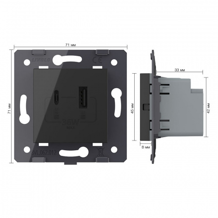 Розетка USB type C+A с блоком питания 36W Livolo, цвет черный (механизм) VL-FCUA18W.UC18W-2BP