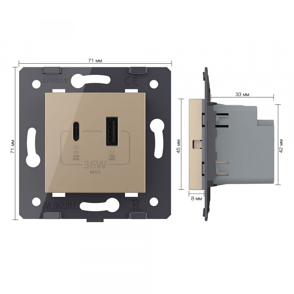 Розетка USB type C+A с блоком питания 36W Livolo, цвет золотой (механизм) VL-FCUA18W.UC18W-2AP