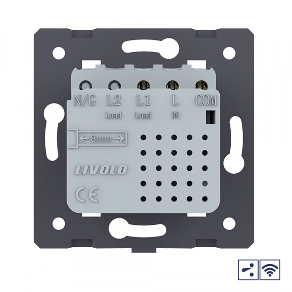 Одноклавишный проходной сенсорный выключатель Livolo Module с функцией радиоуправления, цвет серый (механизм)