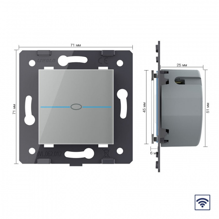 Одноклавишный сенсорный выключатель Livolo Quadro с функцией радиоуправления, цвет серый (механизм)