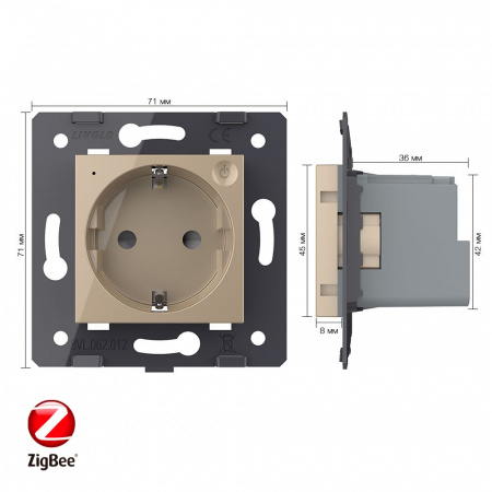 Розетка электрическая ZigBee (Wi-Fi) с заземлением защитными шторками 16A Livolo, цвет золотой (механизм)