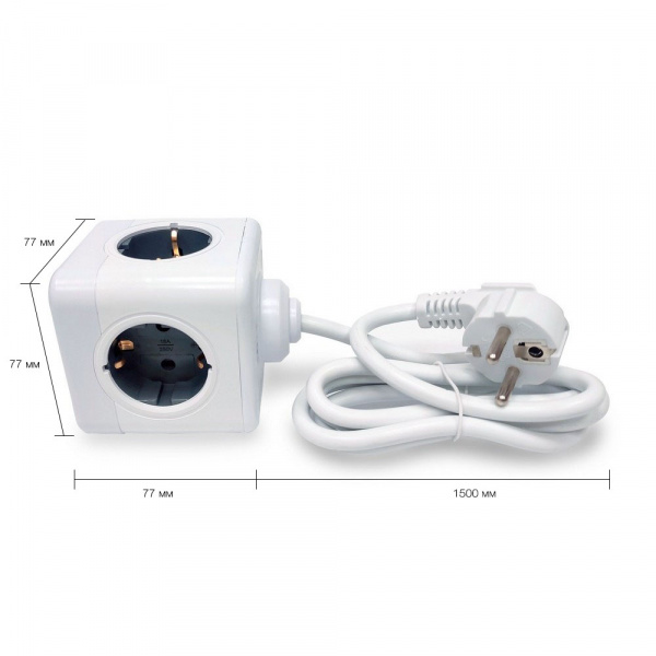Удлинитель Cube Extended 4 Euro 16A, 2 USB A с блоком 5В/2.1А, кабель 1,5м RocketSocket, цвет белый-серый