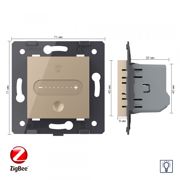 Одноклавишный проходной сенсорный диммер Livolo ZigBee, цвет золотой (механизм) VL-FC1SDZ-2AP