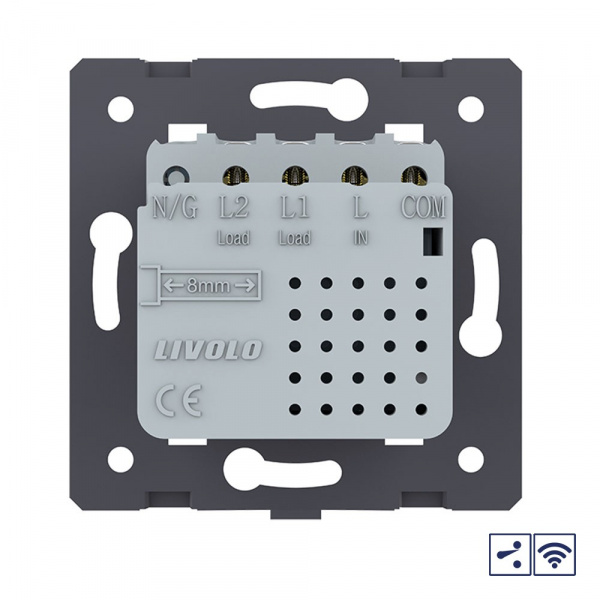 Двухклавишный проходной сенсорный выключатель Livolo Module с функцией радиоуправления, цвет синий (механизм)