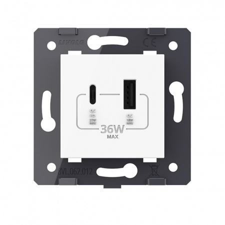 Розетка USB type C+A с блоком питания 36W Livolo, цвет белый (механизм) VL-FCUA18W.UC18W-2WP