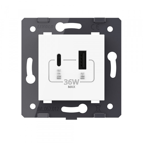 Розетка USB type C+A с блоком питания 36W Livolo, цвет белый (механизм) VL-FCUA18W.UC18W-2WP
