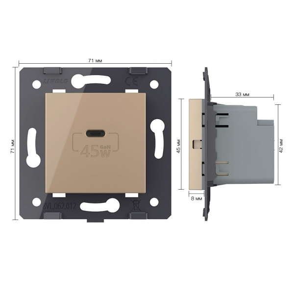 Розетка USB type C с блоком питания 45W Livolo, цвет золотой (механизм) VL-FCUC-2AP