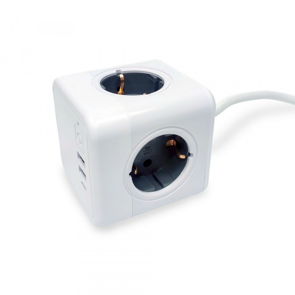 Удлинитель Cube Extended 4 Euro 16A, 3 USB 2A+C с блоком 5В/3.0А, кабель 1,5м RocketSocket, цвет белый-серый