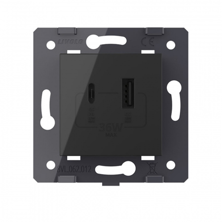 Розетка USB type C+A с блоком питания 36W Livolo, цвет черный (механизм) VL-FCUA18W.UC18W-2BP